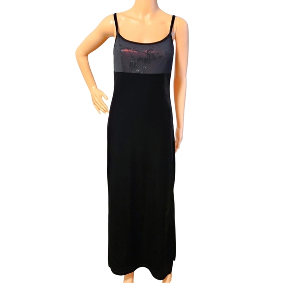 VTG 579 Black Velvet Evening Gown Sz 1 Floral Shimmer Bodice Slit Whimsigoth 90s - Picture 1 of 15